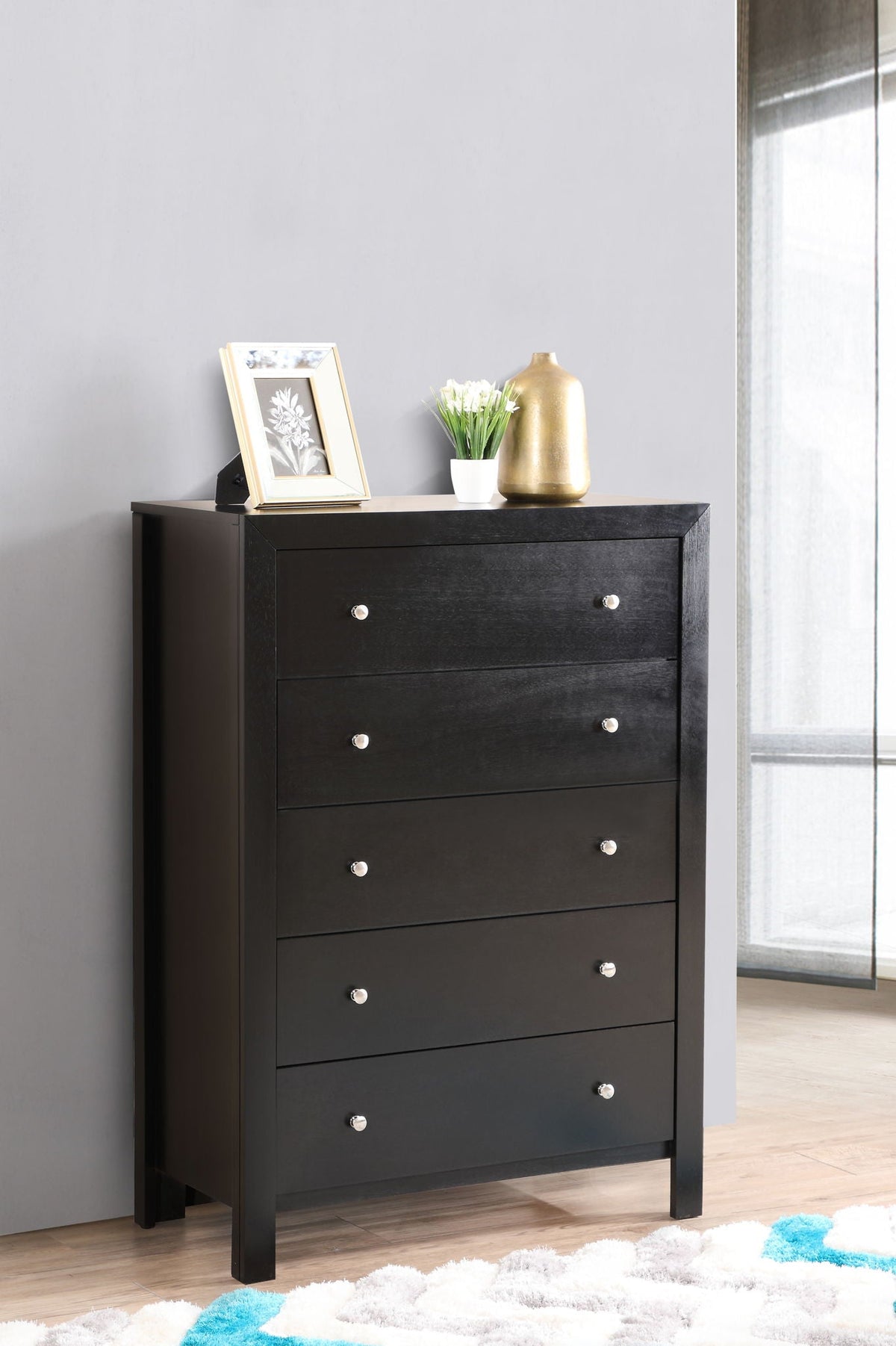Modern Transitional Storage Chest by HouseOfZazla black finish with 5 drawers and silver knobs on Tampa Home & Garden Store