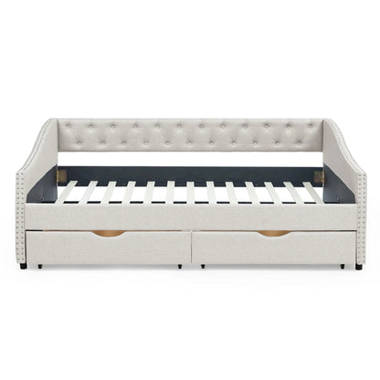 Upholstered Tufted Daybed With Drawers Waved Arms