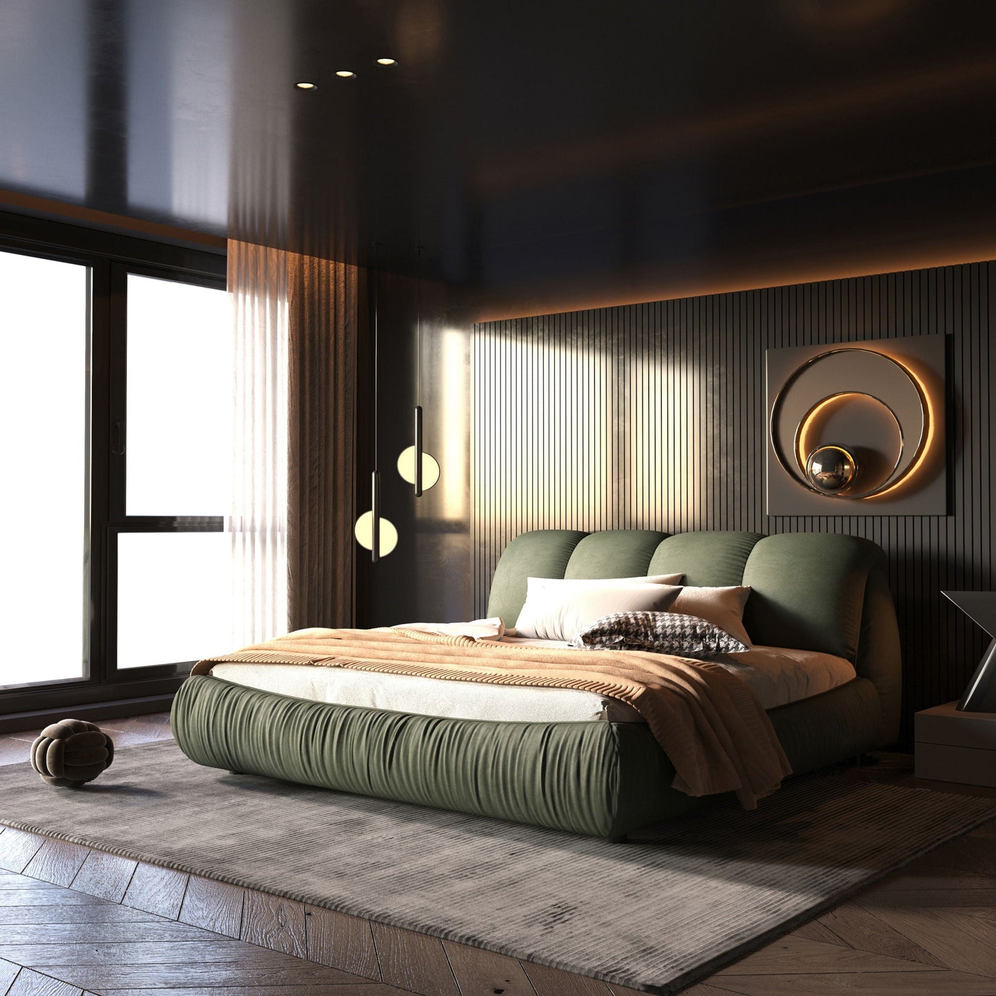 Luxury upholstered platform bed with padded backrest and solid wood frame in emerald fabric on Tampa Home & Garden Store