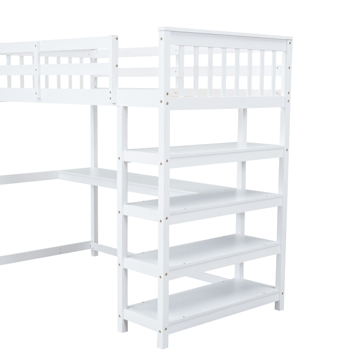 White loft bed with storage shelves and under-bed desk, HouseOfZazla loft bed frame on Tampa Home & Garden Store