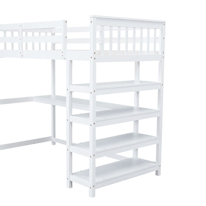 White loft bed with storage shelves and under-bed desk, HouseOfZazla loft bed frame on Tampa Home & Garden Store