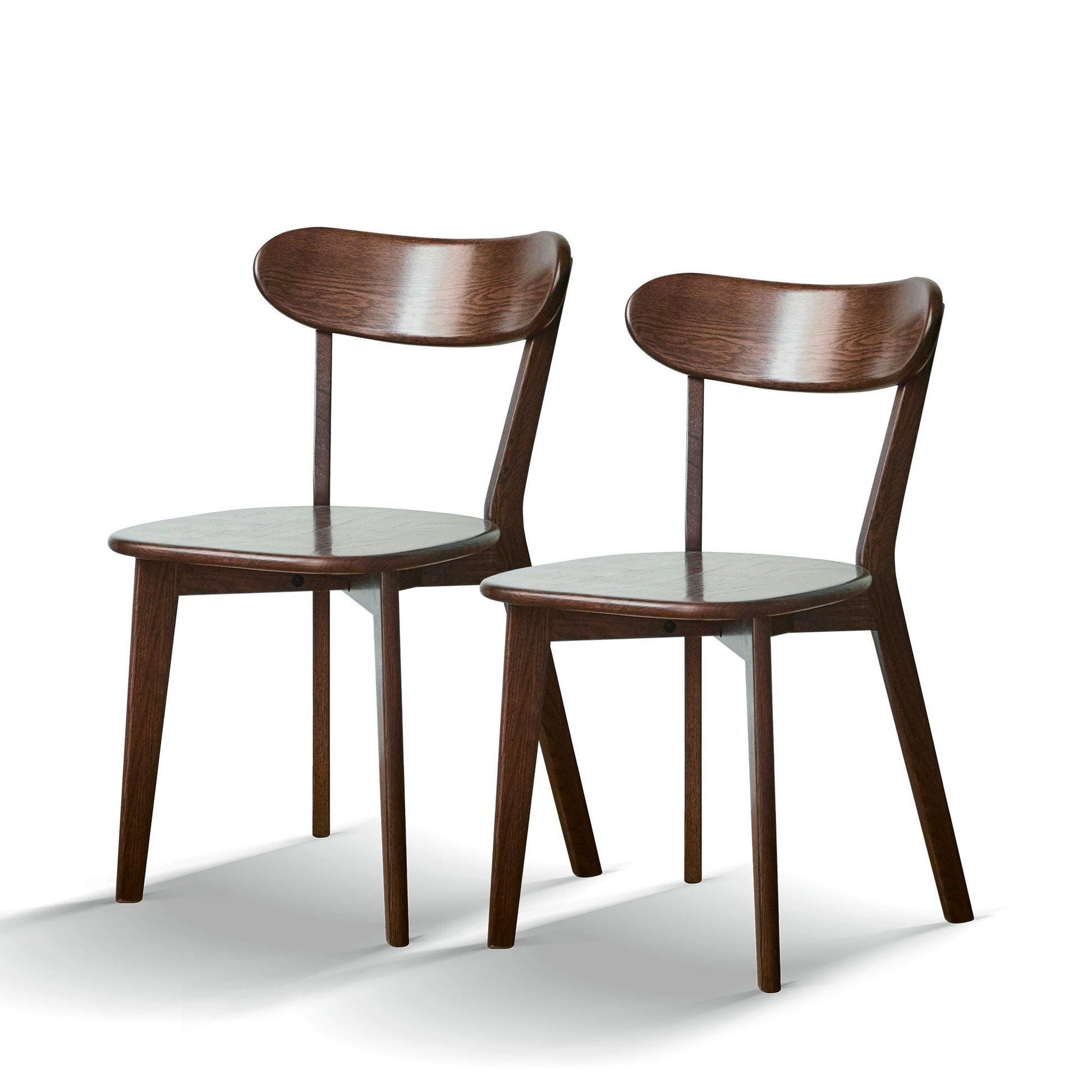 Two dark walnut dining chairs with curved backs and seats, Unique Piece Furniture set on Tampa Home & Garden Store