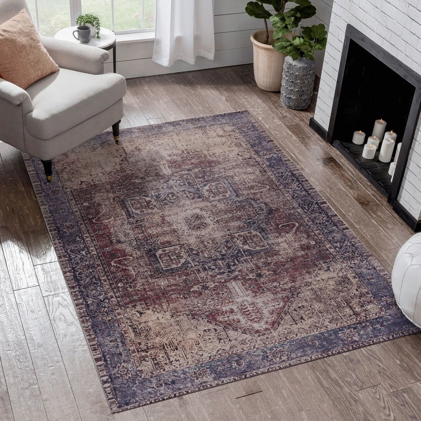 Maval washable area rug with blue and rust pattern in living room by Unique Piece Furniture on Tampa Home & Garden Store