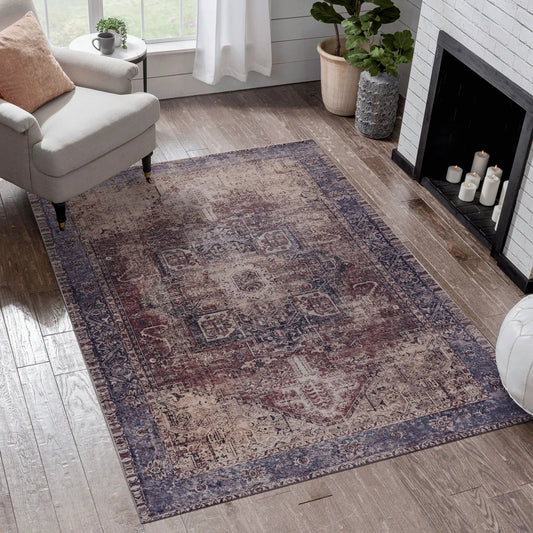 Maval washable area rug with blue and rust pattern in living room by Unique Piece Furniture on Tampa Home & Garden Store