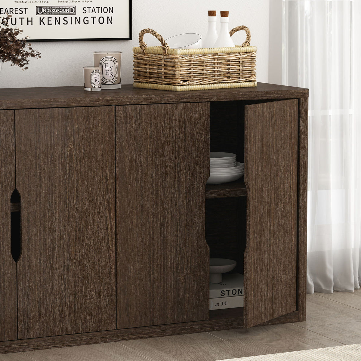 Rivington Sideboard in dark wood with soft-close doors and open shelf displaying plates on Tampa Home & Garden Store