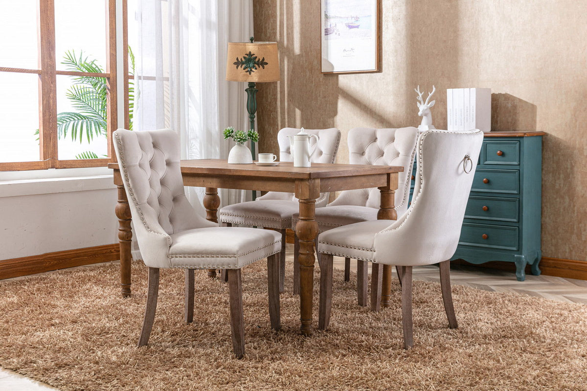 Tufted velvet dining chair set cream with nailhead trim and wooden legs HouseOfZazla chairs on Tampa Home & Garden Store