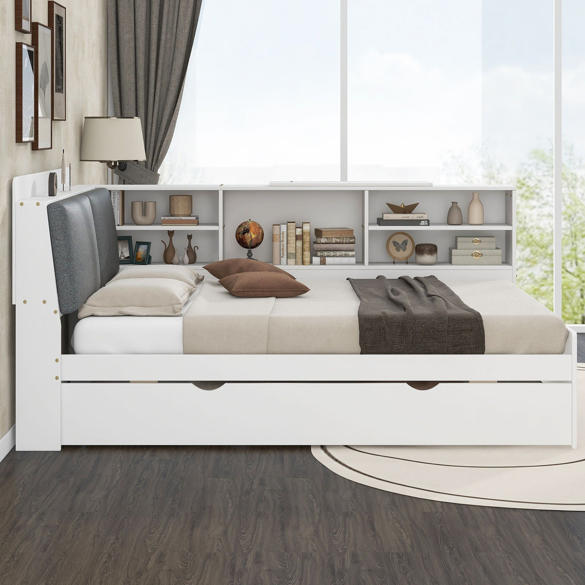Platform bed with trundle and storage headboard, white frame with gray fabric panel and shelves on Tampa Home & Garden Store