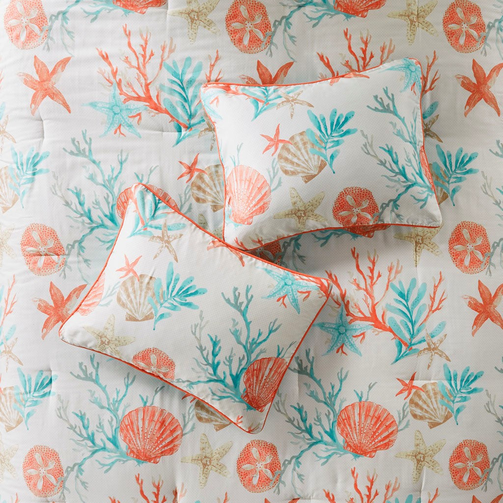 HouseOfZazla 7-Piece Coral Queen Cotton Sateen Comforter Set with turquoise seashell pattern on Tampa Home & Garden Store