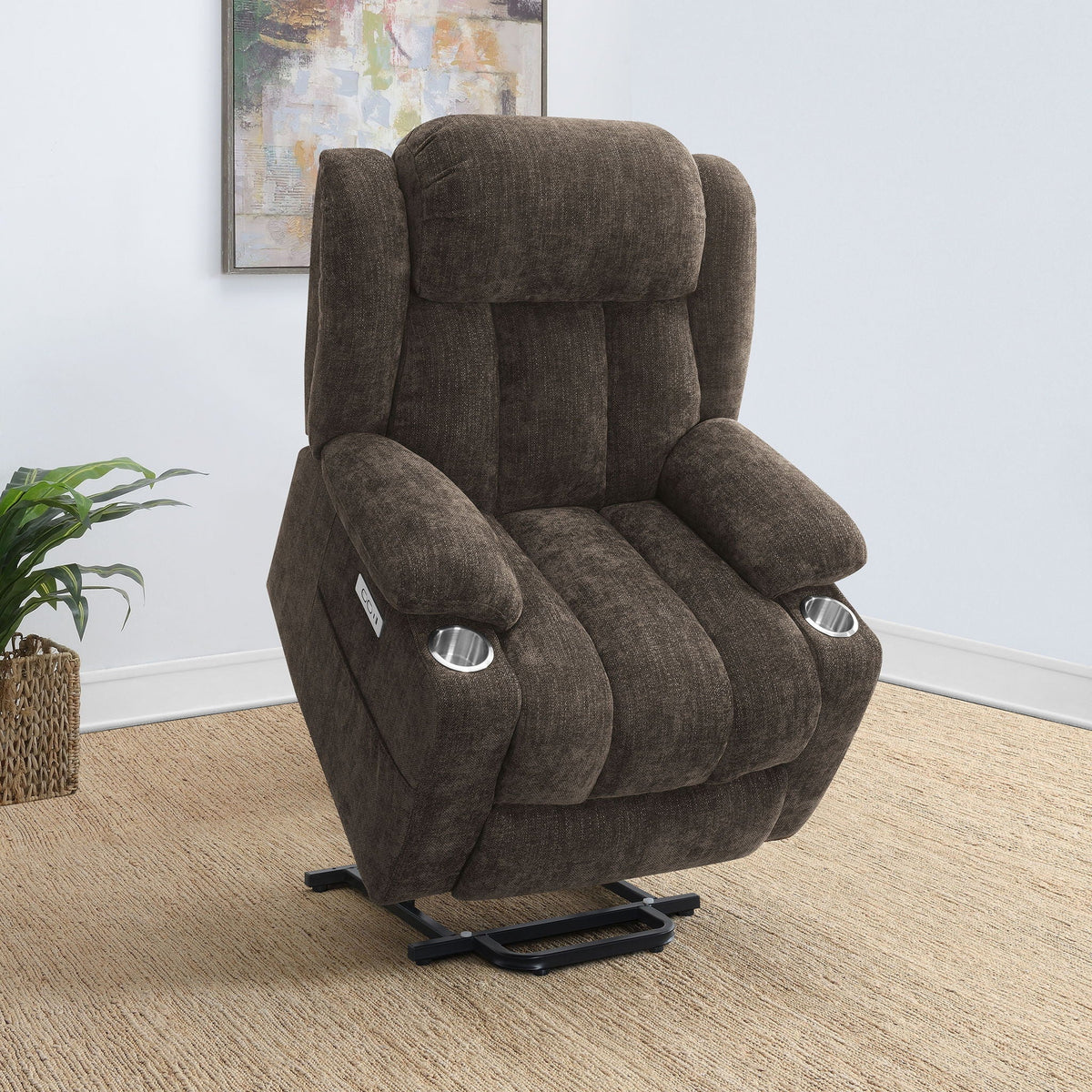 Beca power lift recliner in brown textured fabric with cupholders and USB charging on Tampa Home & Garden Store