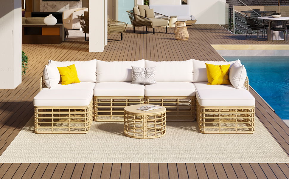 HouseOfZazla all-weather 7-piece rattan outdoor sectional with white cushions and yellow pillows on Tampa Home & Garden Store