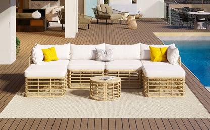 HouseOfZazla all-weather 7-piece rattan outdoor sectional with white cushions and yellow pillows on Tampa Home & Garden Store