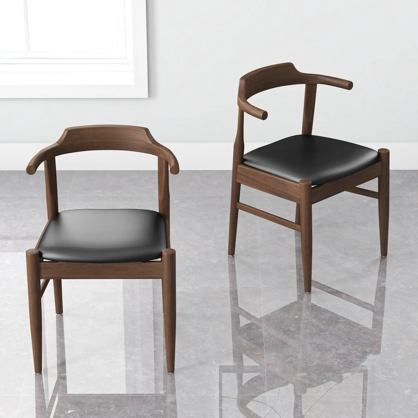 Leon Mid-Century Dining Chair set of 2, walnut finish wood with black padded seats on Tampa Home & Garden Store