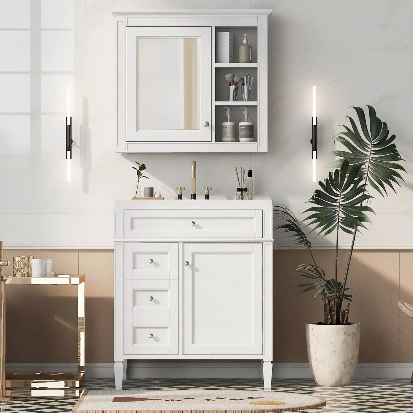 White bathroom vanity with medicine cabinet and open shelves, 2 soft-close doors and 4 drawers on Tampa Home & Garden Store