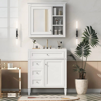 White bathroom vanity with medicine cabinet and open shelves, 2 soft-close doors and 4 drawers on Tampa Home & Garden Store