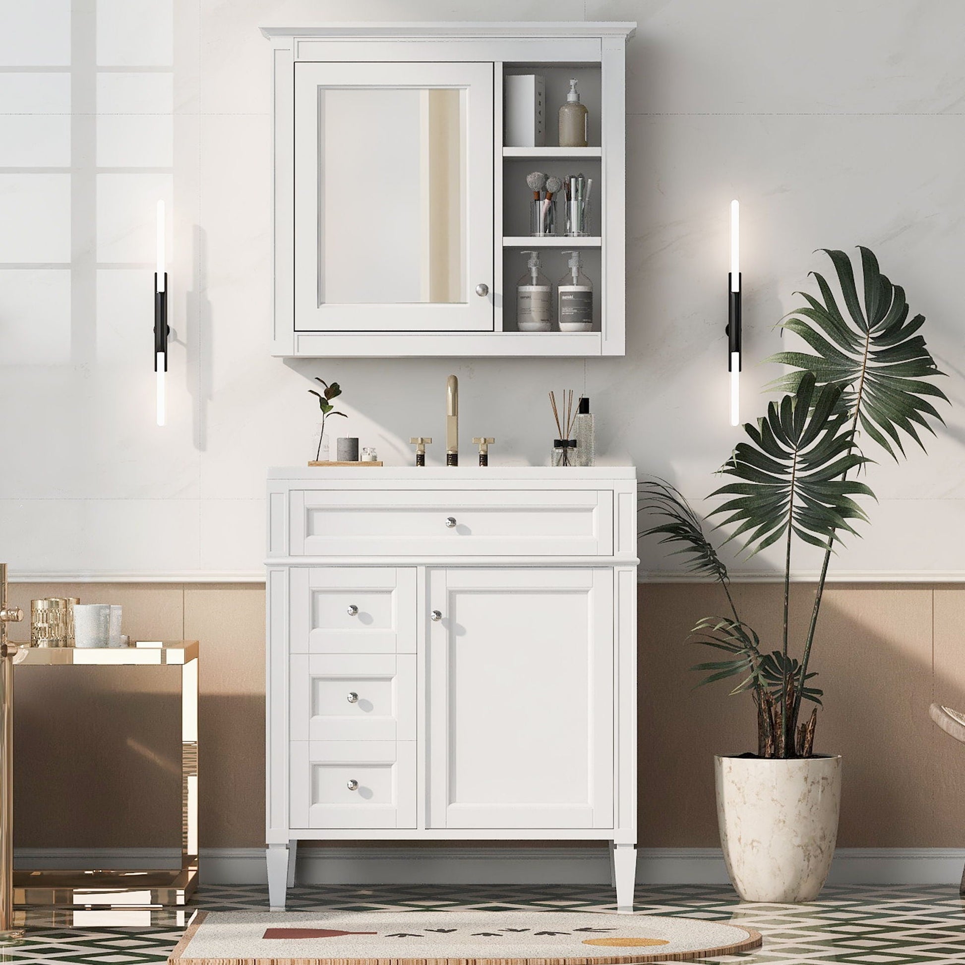Bathroom vanity with medicine cabinet, white finish, 2 soft closing doors and 4 drawers on Tampa Home & Garden Store