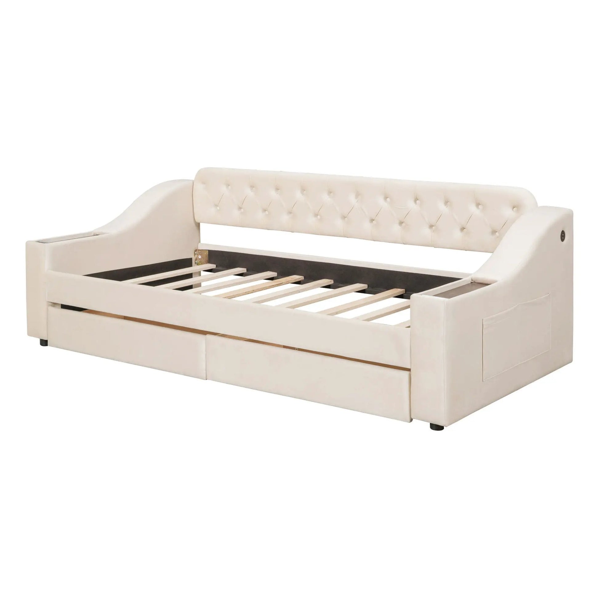 Upholstered cream daybed with tufted backrest and curved armrests, exposed slat bed frame on Tampa Home & Garden Store