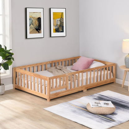 Solid wood floor bed frame for children with fence rails in natural finish on Tampa Home & Garden Store