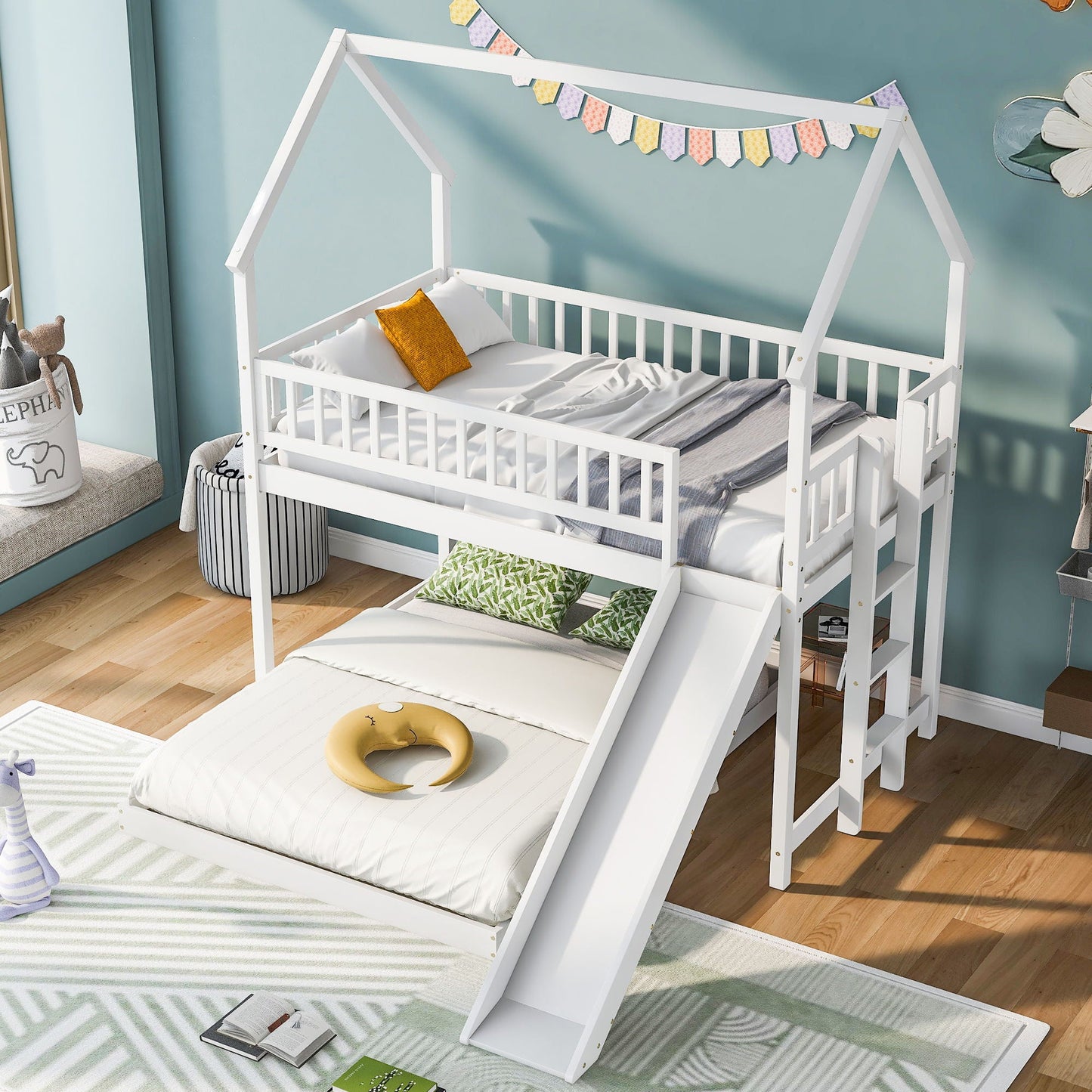 House bunk bed with slide and built-in ladder, white wooden frame with a house-shaped top bunk on Tampa Home & Garden Store