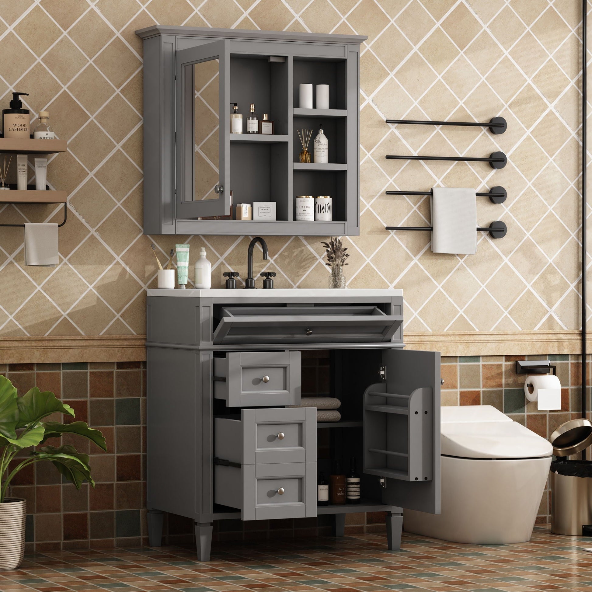 Bathroom vanity with medicine cabinet in gray, 4 drawers, modern storage by HouseOfZazla on Tampa Home & Garden Store