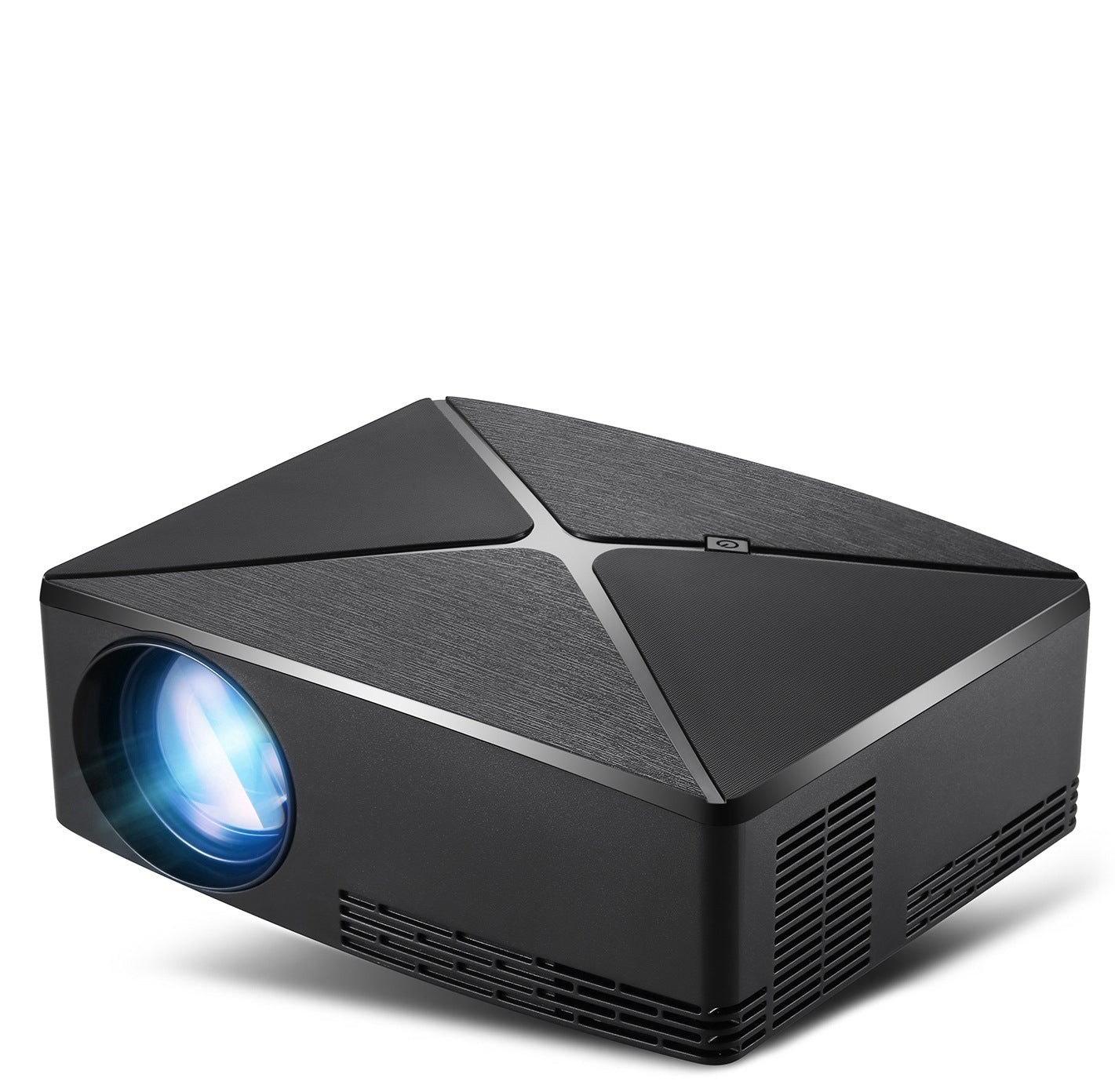 Home desktop projector black textured housing with blue lens, compact cube design on Tampa Home & Garden Store