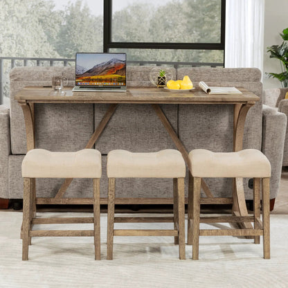 Bar table set with 3 padded beige stools in rustic wood finish and sturdy wood legs on Tampa Home & Garden Store