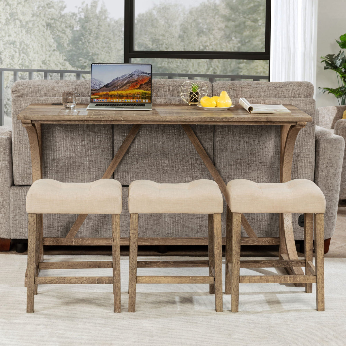Bar Table Set With 3 Padded Stools in natural wood with beige upholstered seats on Tampa Home & Garden Store