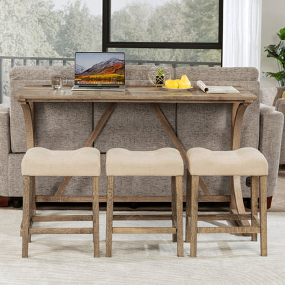 Bar Table Set With 3 Padded Stools in natural wood with beige upholstered seats on Tampa Home & Garden Store