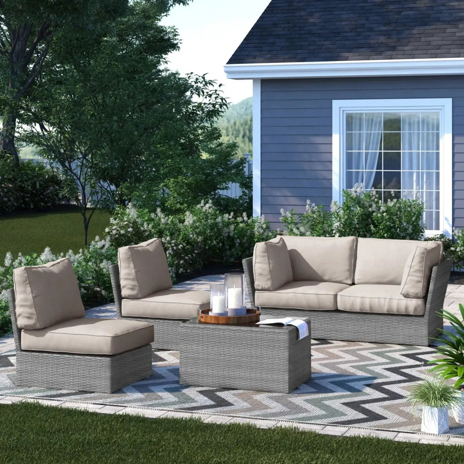 Stylish modular wicker seating group, 4pc set with beige cushions, Unique Piece Furniture on Tampa Home & Garden Store