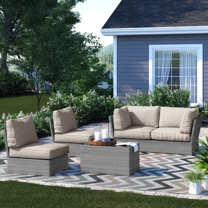 Modular wicker patio seating group with beige cushions gray wicker 4-piece outdoor set on Tampa Home & Garden Store