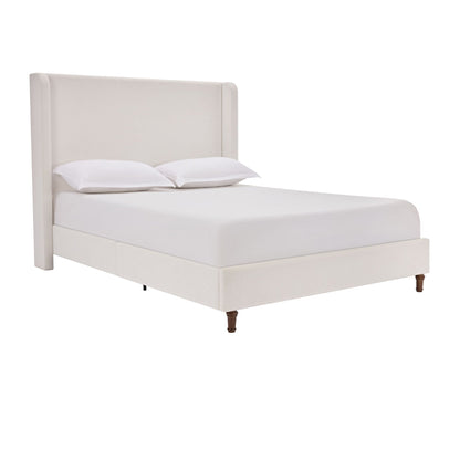 Harper tall upholstered bed with cream fabric headboard and wooden legs on Tampa Home & Garden Store