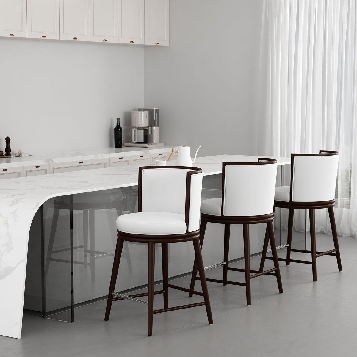 Evalyn counter stools, set of four, 24-27 in, white cushions with dark brown wood frames on Tampa Home & Garden Store
