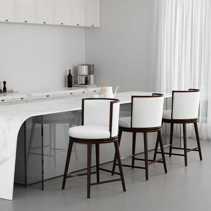 Evalyn counter stools, set of four, 24-27 in, white cushions with dark brown wood frames on Tampa Home & Garden Store