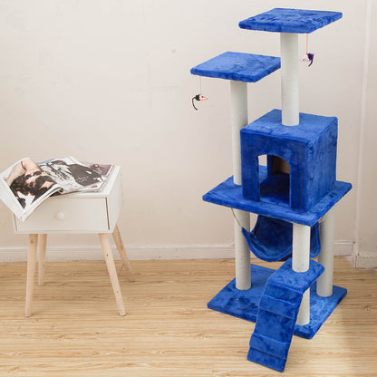 Cat tree climbing frame in blue with plush platforms, cave, and dangling toys on Tampa Home & Garden Store