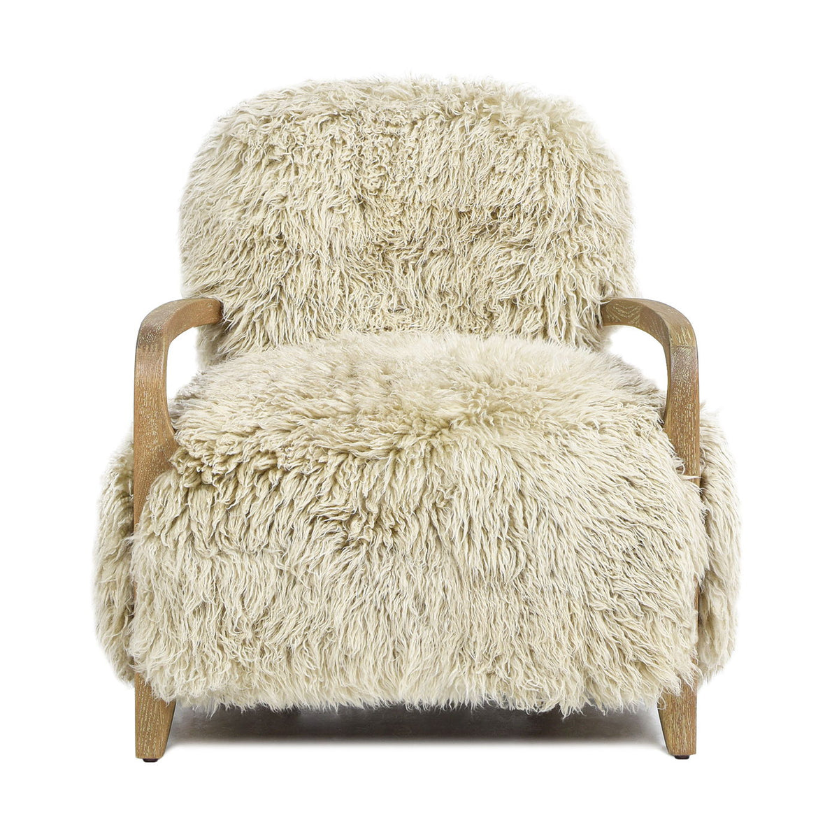 New Zealand Sheepskin Accent Arm Chair with Oak Arms in Taupe Natural, fur seat/back on Tampa Home & Garden Store