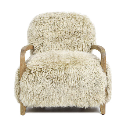 New Zealand Sheepskin Accent Arm Chair with Oak Arms in Taupe Natural, fur seat/back on Tampa Home & Garden Store