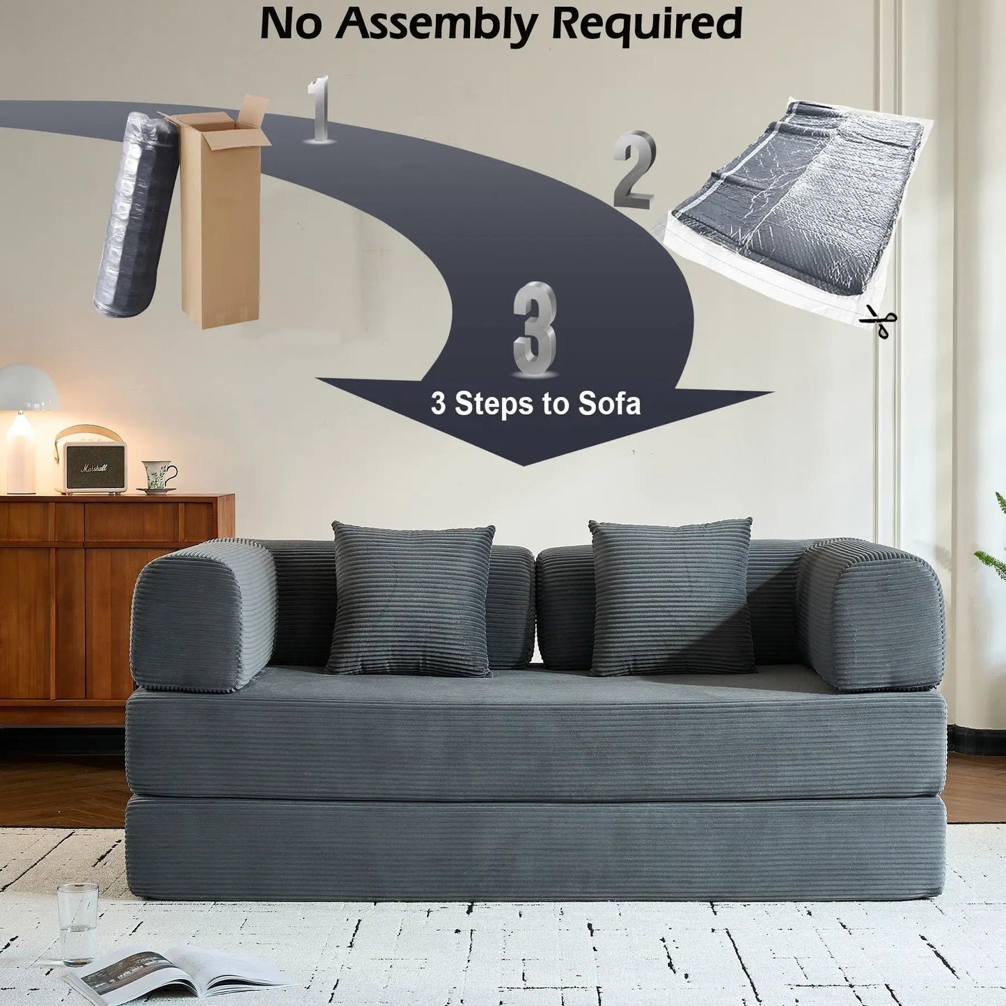 Convertible sleeper futon sofa in dark ribbed upholstery with cylindrical pillow, fixed frame on Tampa Home & Garden Store