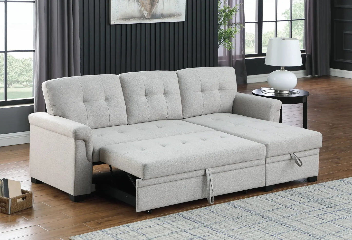 Lucca reversible sleeper sectional sofa with storage chaise in light gray fabric by Unique Piece on Tampa Home & Garden Store
