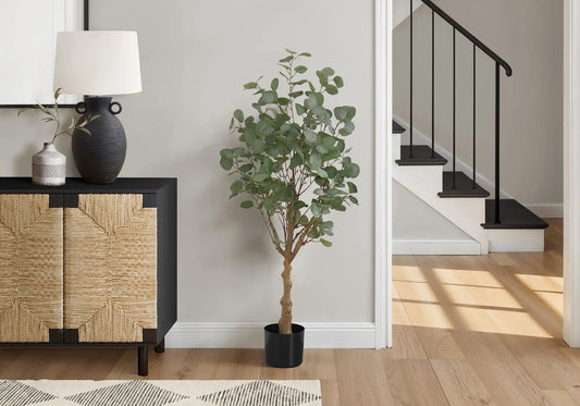 Artificial eucalyptus tree in a black pot, 46in tall, indoor decorative greenery on Tampa Home & Garden Store