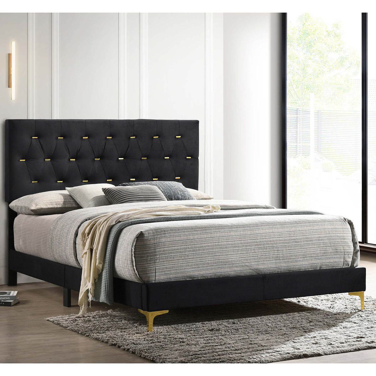 James - Panel Bed, black tufted upholstered headboard with gold legs HouseOfZazla on Tampa Home & Garden Store