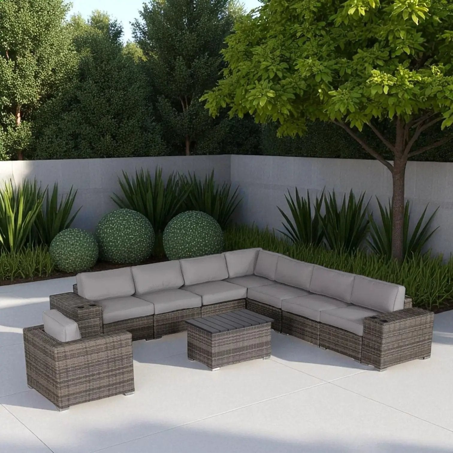 Modern 2-piece patio rattan sectional with gray cushions and matching coffee table on Tampa Home & Garden Store