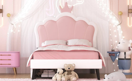 Twin princess bed crown headboard in pink with white trim and 2 drawers on Tampa Home & Garden Store