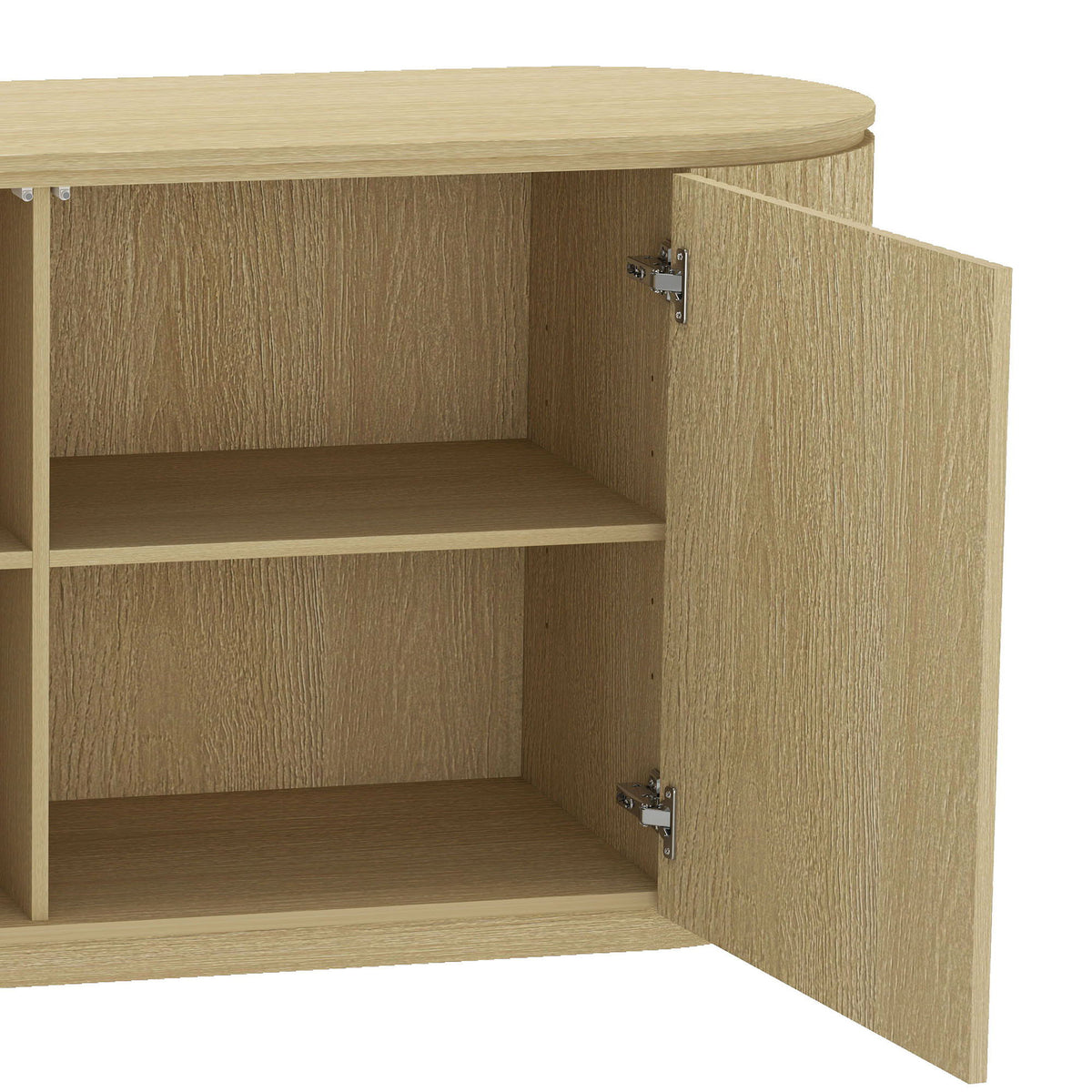 Oak sideboard with curved top open door reveals adjustable shelves and hinge hardware 60in wide on Tampa Home & Garden Store