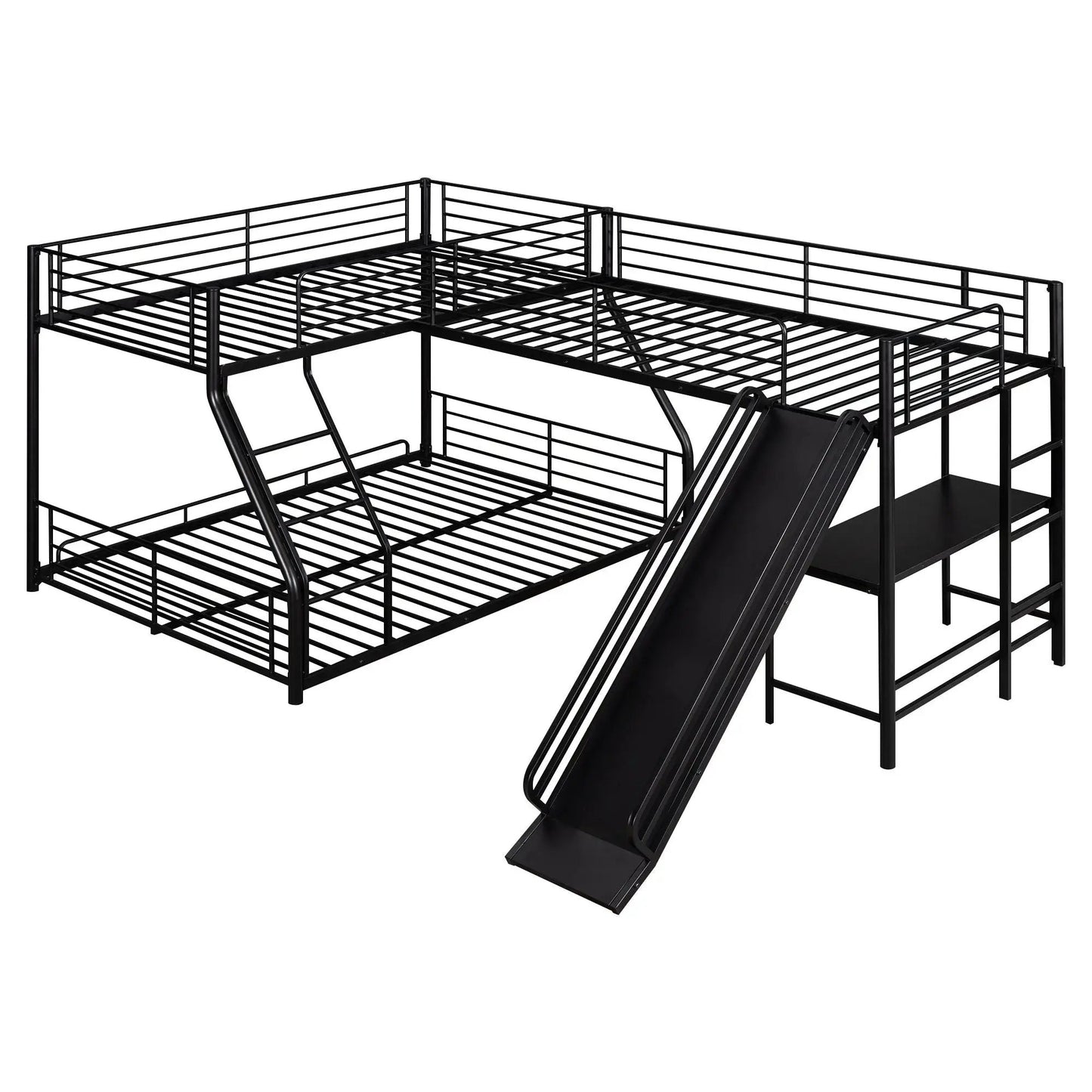 L-Shaped bunk bed black metal with twin over full beds, built-in desk and slide on Tampa Home & Garden Store