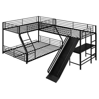 L-Shaped bunk bed black metal with twin over full beds, built-in desk and slide on Tampa Home & Garden Store