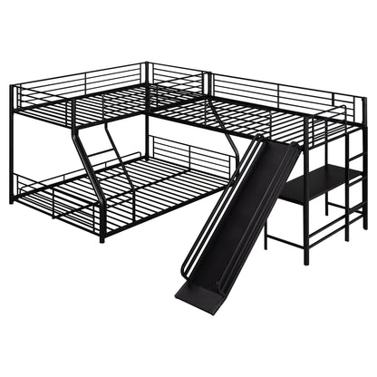 Black metal L-shaped bunk bed frame with slide and ladder, twin over full bunk on Tampa Home & Garden Store