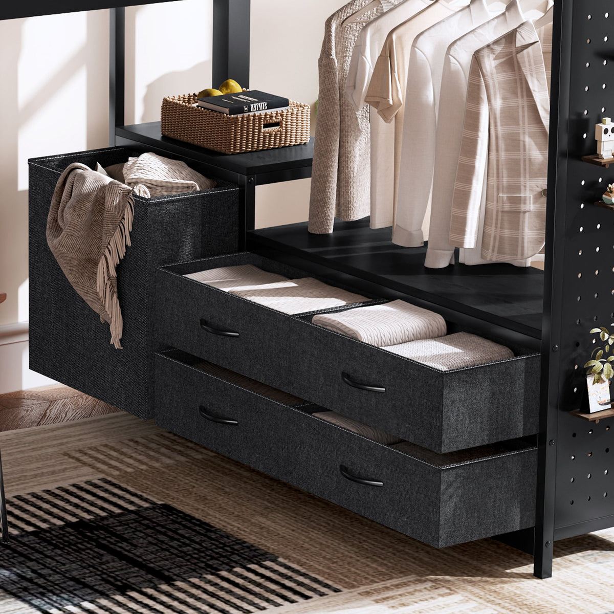 Queen loft bed with desk and shelves by HouseOfZazla, black metal frame, 3 under-bed drawers on Tampa Home & Garden Store