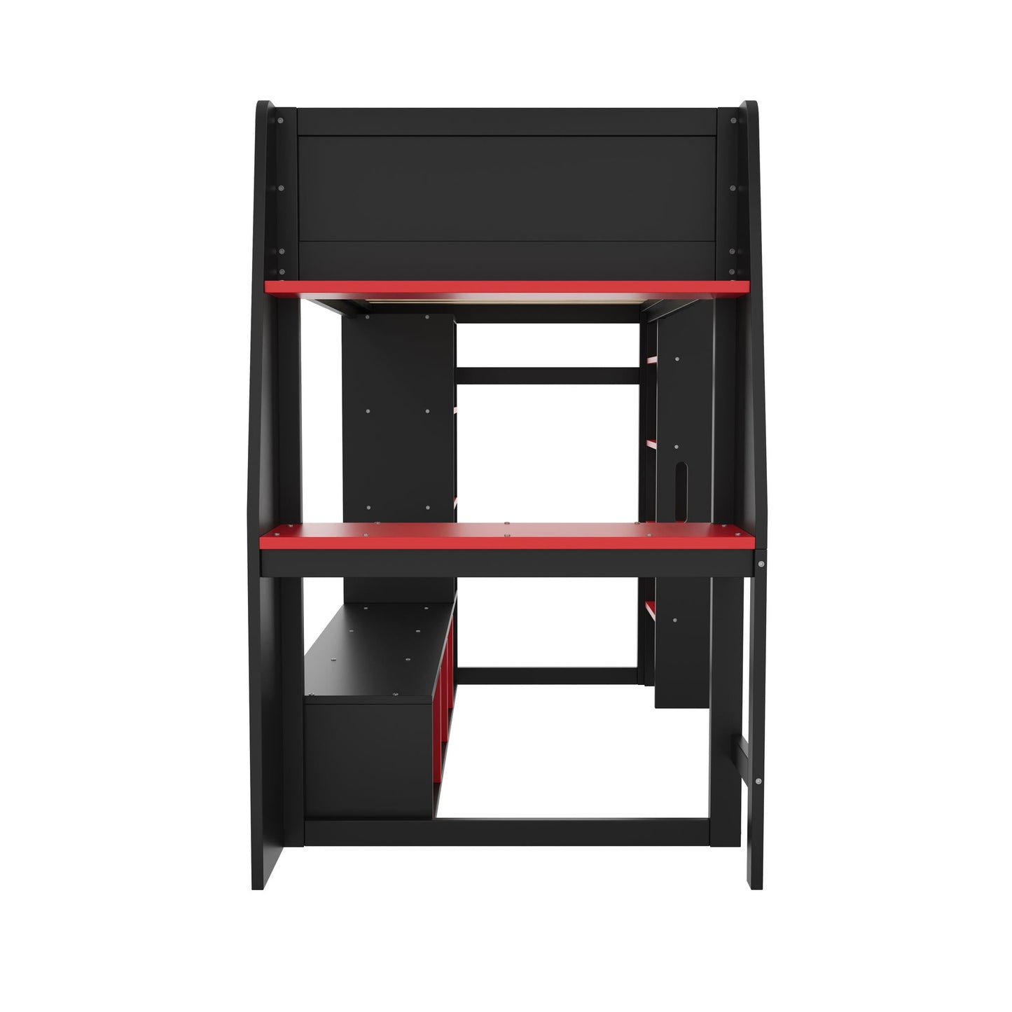 Loft bed with desk in black finish, red accent shelf and open storage under bunk on Tampa Home & Garden Store