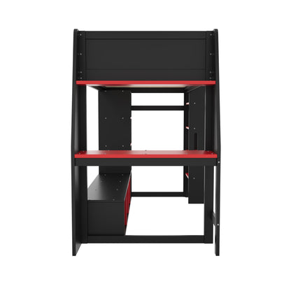 Loft bed with desk in black finish, red accent shelf and open storage under bunk on Tampa Home & Garden Store