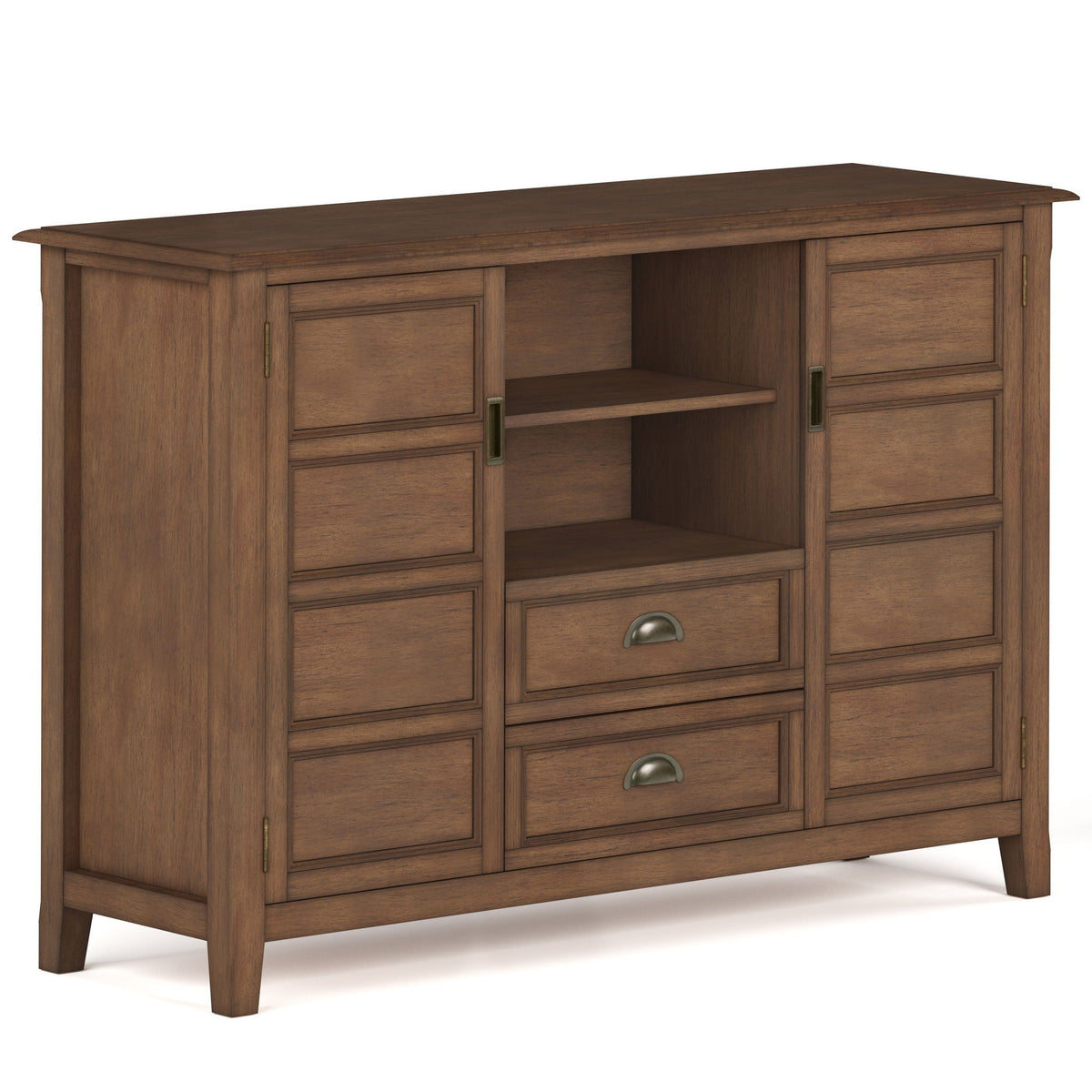 Handcrafted tall TV stand with storage in warm wood finish featuring cabinet doors on Tampa Home & Garden Store