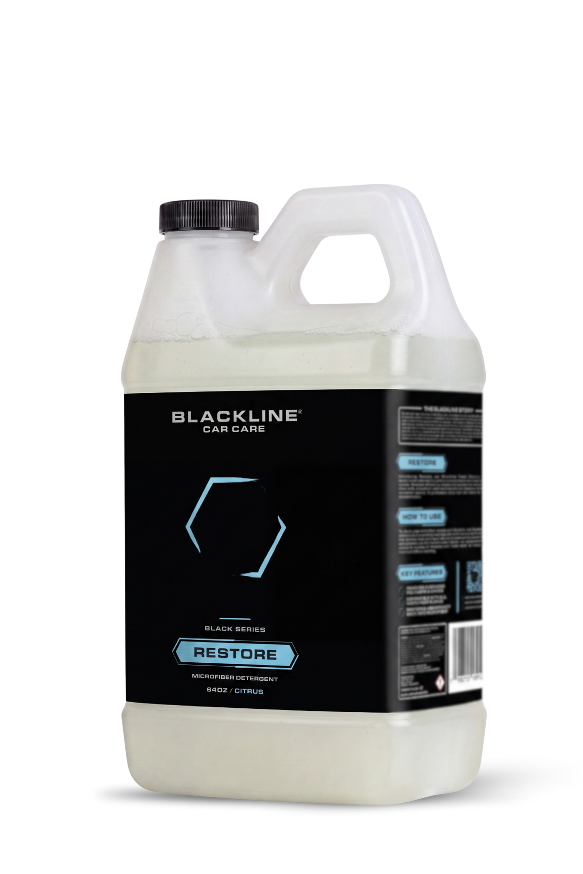 Blackline Restore microfiber detergent bottle, white plastic jug with black label, 64 oz citrus on Tampa Home & Garden Store